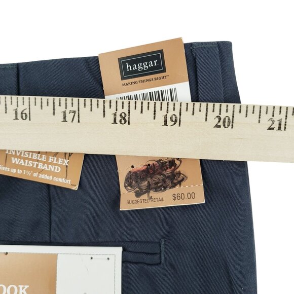 Haggar Pant Men 40x31Pleated Cuffed Invisible Flex Waistband Dark Navy Khaki NWT - Picture 7 of 11